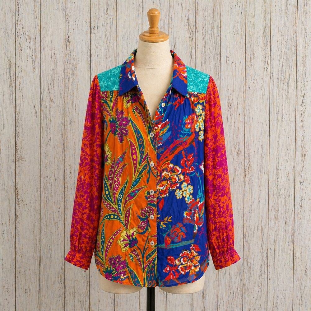 Soft Surroundings Hermosa Boho Patchwork Tunic Long Sleeve Button Down Shirt XS